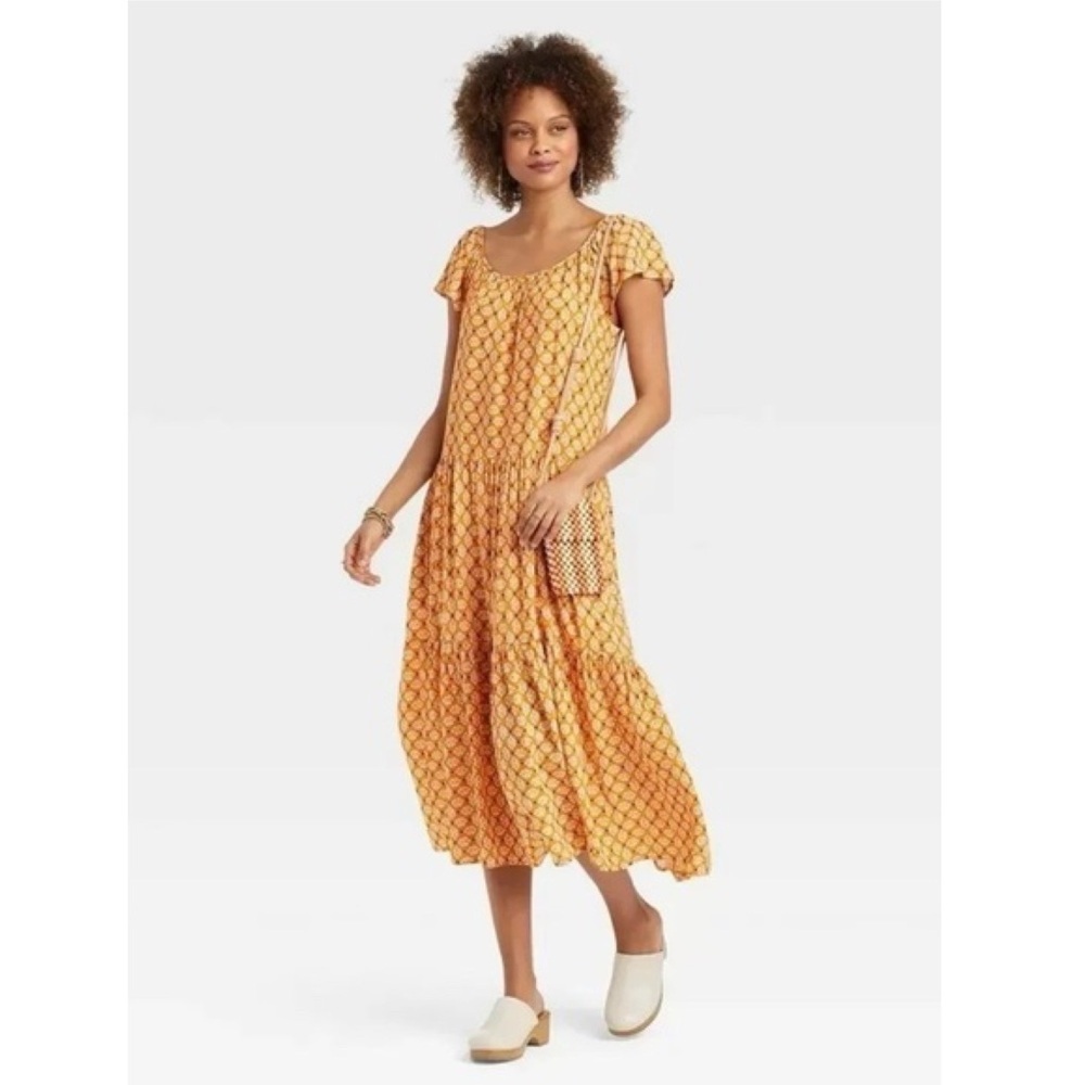 NWT Knox Rose Mustard Geo Print Tiered Maxi Dress Lined Flutter Sleeve XXL Boho